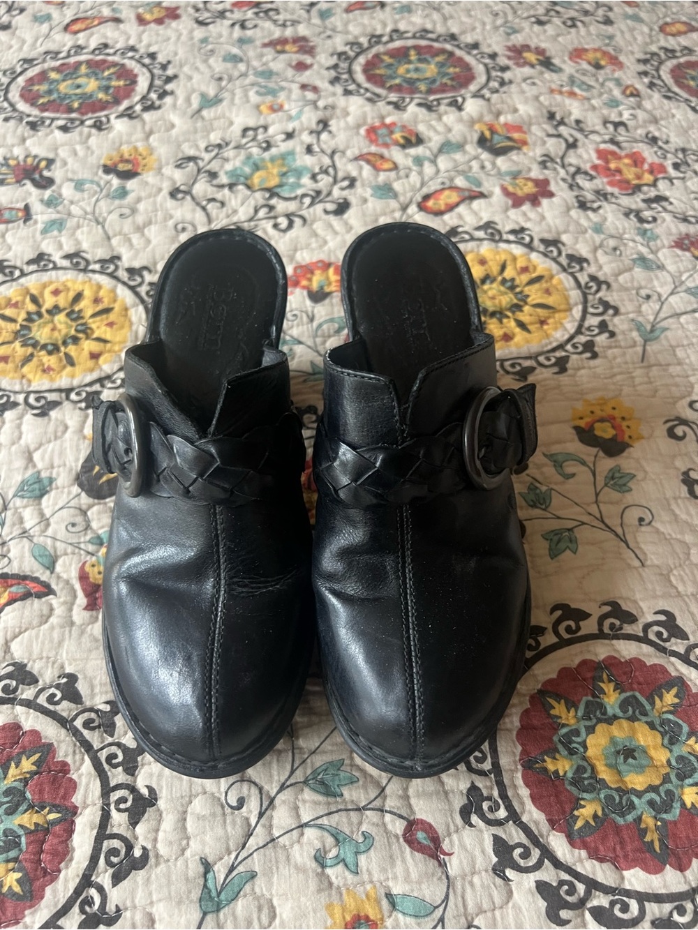 Born Black Leather Slip-On Clogs with Braided Buckle